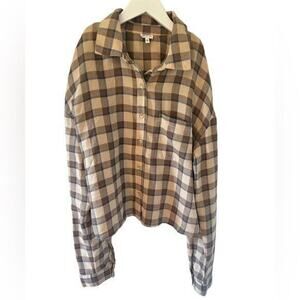 Self-E Plaid Button Up Shirt Women’s Medium Cream Brown Preppy Light Academia